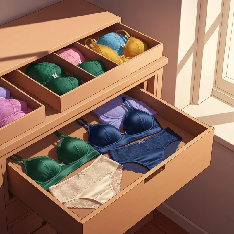 A curated drawer featuring various matching bra and underwear sets in luxurious fabrics for the polished professional.