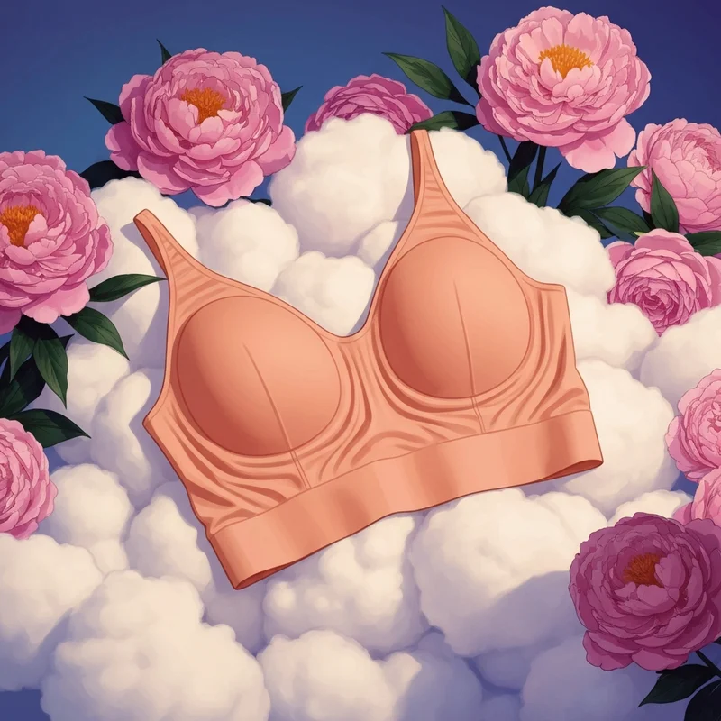 The love cloud wireless push up bra resting on soft clouds and flowers to illustrate comfort.