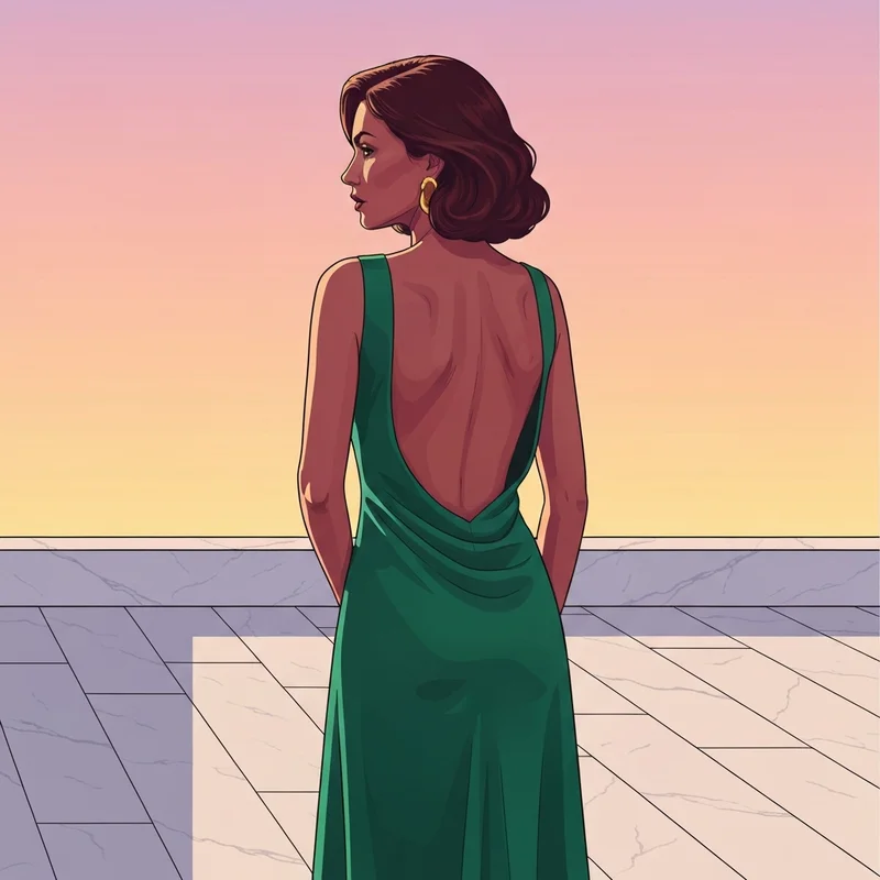 A woman wearing a deep-back dress showing the perfect silhouette achieved with low back shapewear.