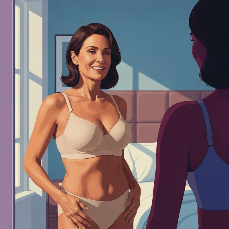 A confident woman wearing a perfectly fitted 44B bra with back smoothing features.