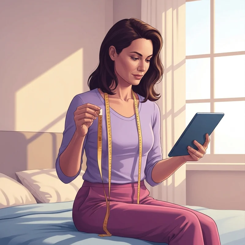 A young woman finding her perfect fit using a victoria secret bra sizing chart in a cozy bedroom.