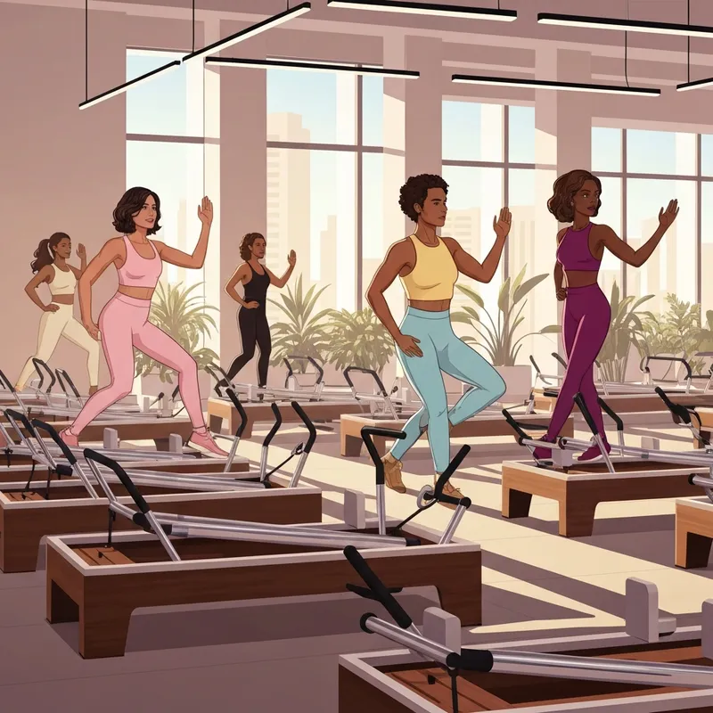 A modern and serene studio for pilates Sunnyvale featuring reformer machines and a group of focused professionals.