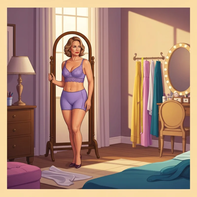 A woman discovering her perfect 40 c bra size fit in a cinematic bedroom setting.