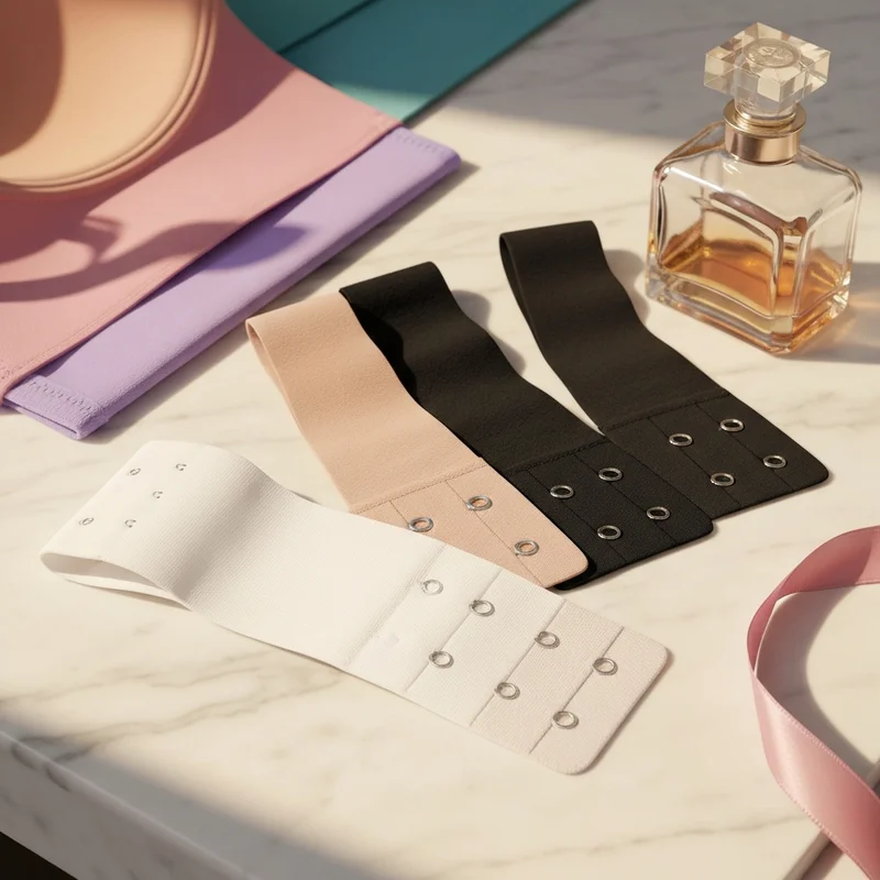 A professional arrangement of bra extenders 4 hook in neutral colors on a luxury surface for wardrobe optimization.