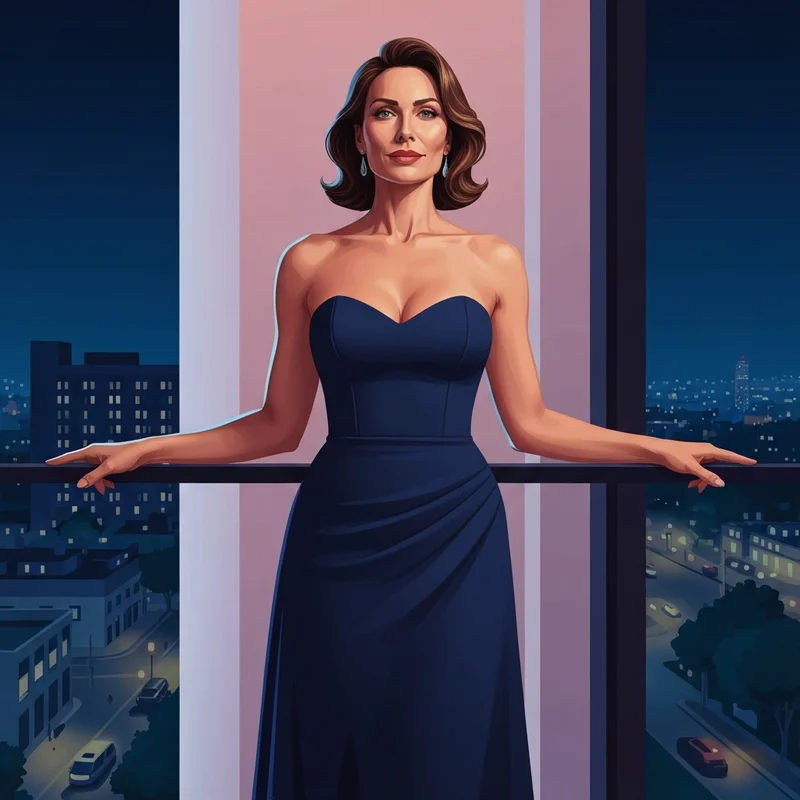 A confident woman wearing a secure bra to wear with strapless dress under a midnight blue gown.