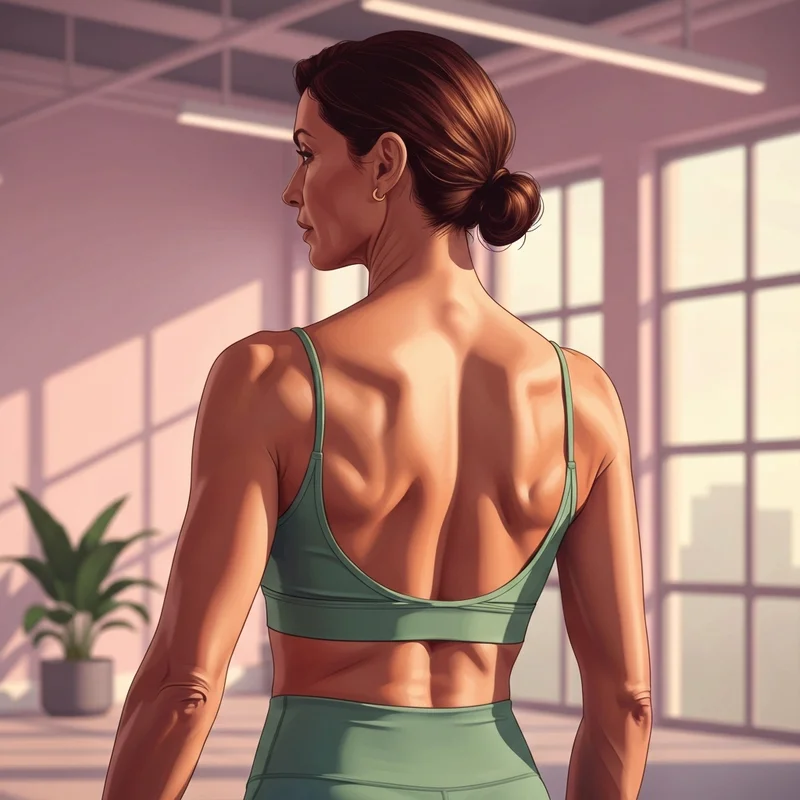 A confident woman wearing a backless sports bra in a modern gym setting, showcasing back definition and athletic style.