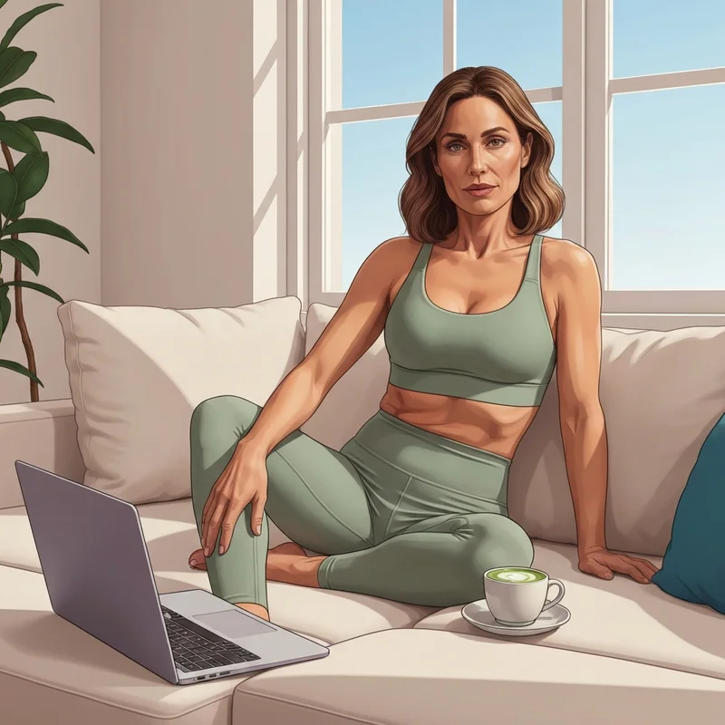 A woman wearing a comfortable sage green Vuori bra while working from home in a minimalist setting.