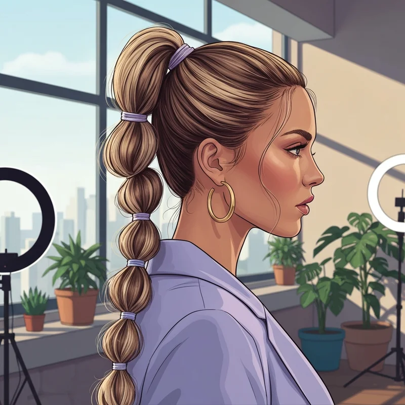 A woman showcasing a perfectly voluminous bubble braid ponytail with clear elastics and a snatched base.