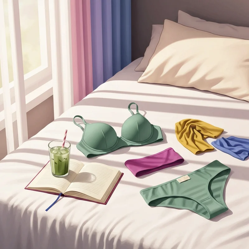 An aesthetic sage green bra underwear set laid out on a minimalist bed as part of a morning self-care routine.