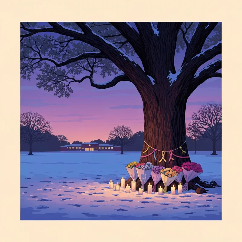 A peaceful snow-covered memorial for the victims of the Frisco sledding accident in Texas.