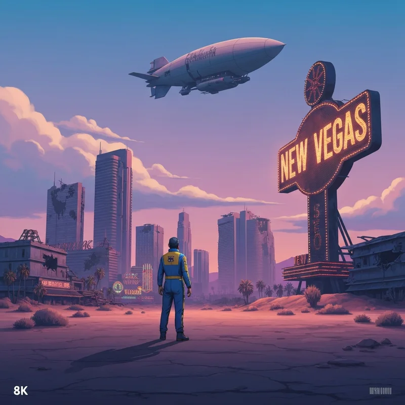 A lone wanderer looks toward the neon lights of New Vegas, wondering how many episodes in fallout season 2 will explore this wasteland.