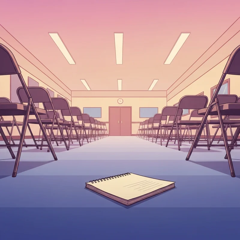 A symbolic representation of a disrupted community meeting in Minneapolis following the Anthony Kazmierczak incident.