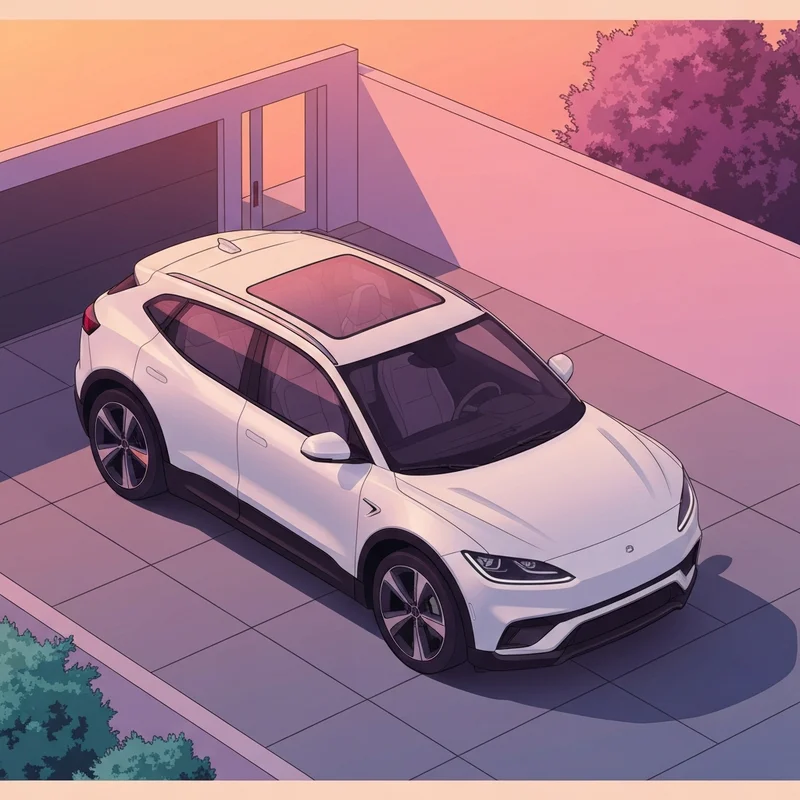A pristine tesla model y parked in a modern driveway during a golden hour sunset.