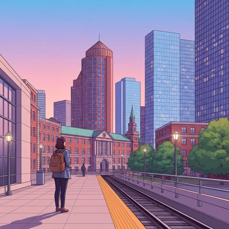 A student standing on a transit platform overlooking the Northeastern University style urban campus architecture.