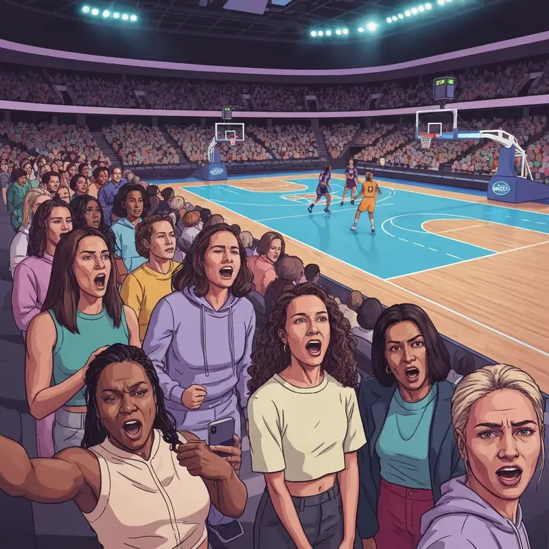 A vibrant scene of young women fans cheering for ncaa women's basketball in a modern, high-tech arena.