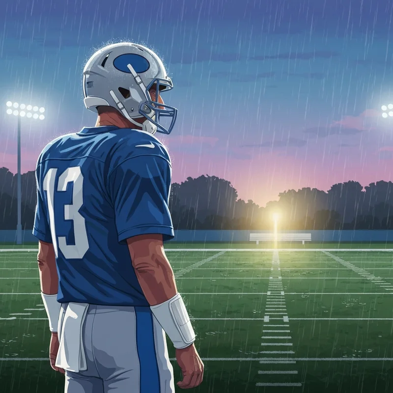 Cinematic visual of a legendary quarterback reflecting on the Eli Manning Hall of Fame journey.
