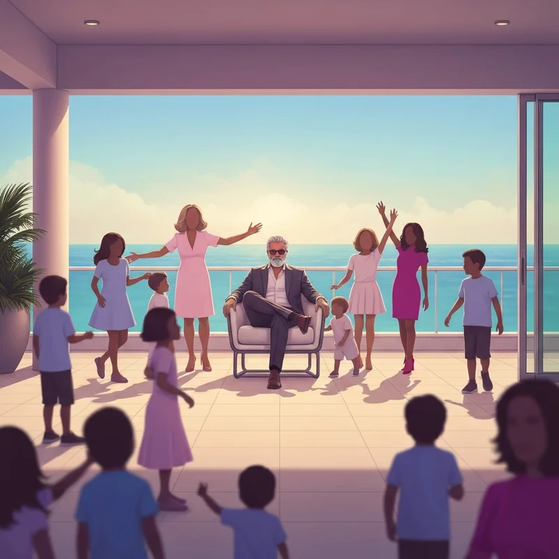 A symbolic representation of Marc Anthony and his sprawling blended family legacy in a luxurious Miami setting.