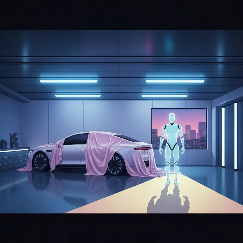 A futuristic garage featuring a Tesla vehicle and a humanoid robot representing the shift to AI.