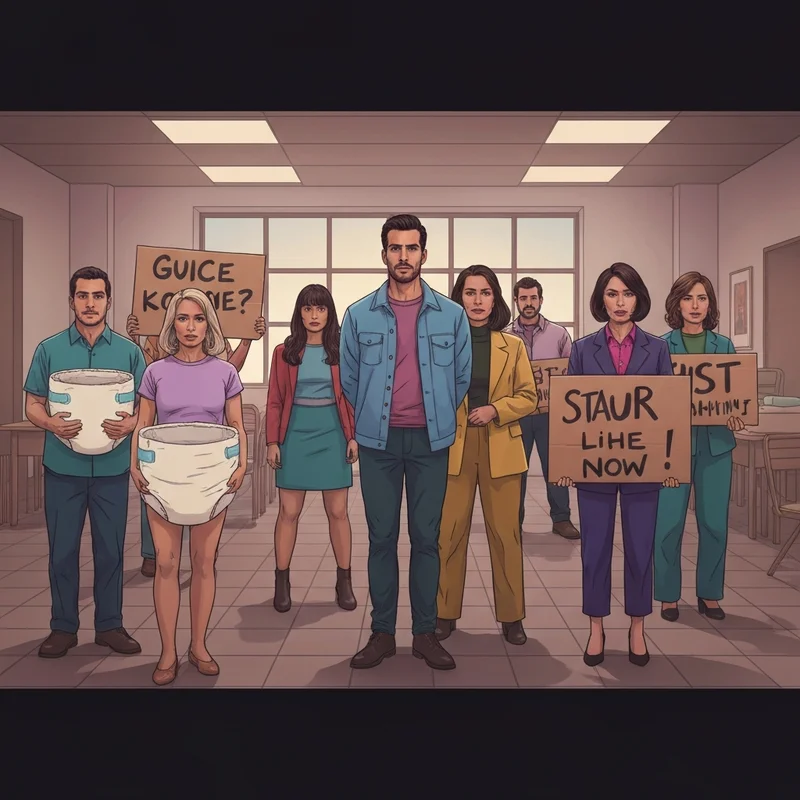 Protesters at a Tom Suozzi event holding signs and wearing symbolic diapers to protest the ICE funding vote.