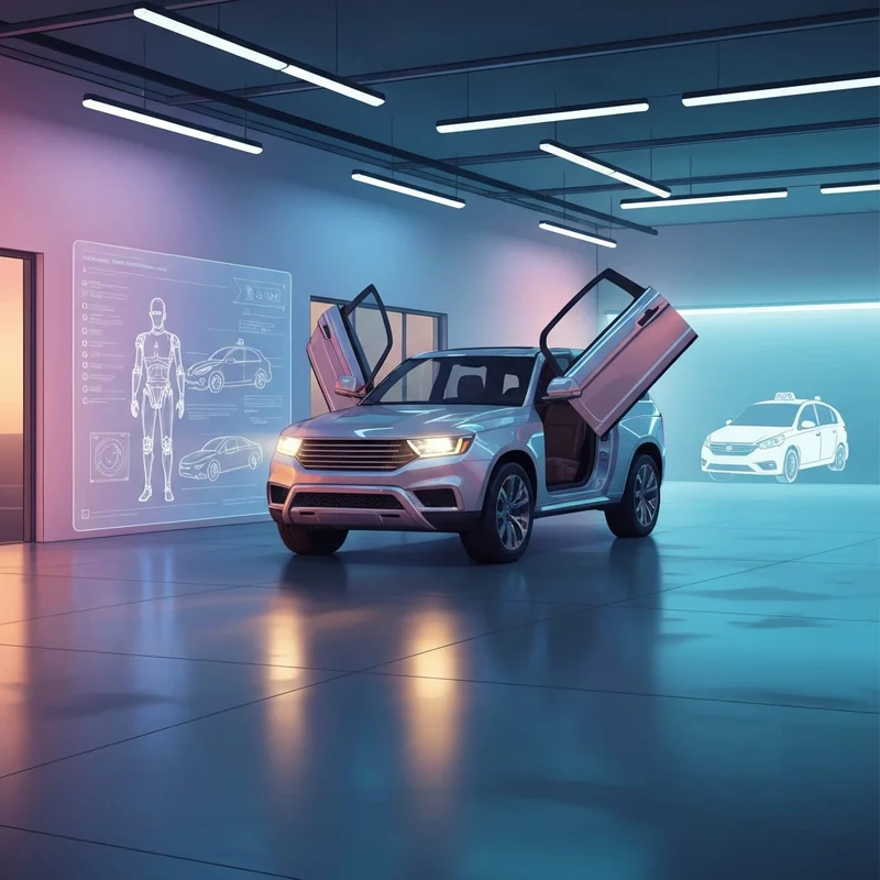 A high-tech garage featuring a luxury SUV with doors open, representing the era of the Tesla Model X discontinued in favor of AI robotics.