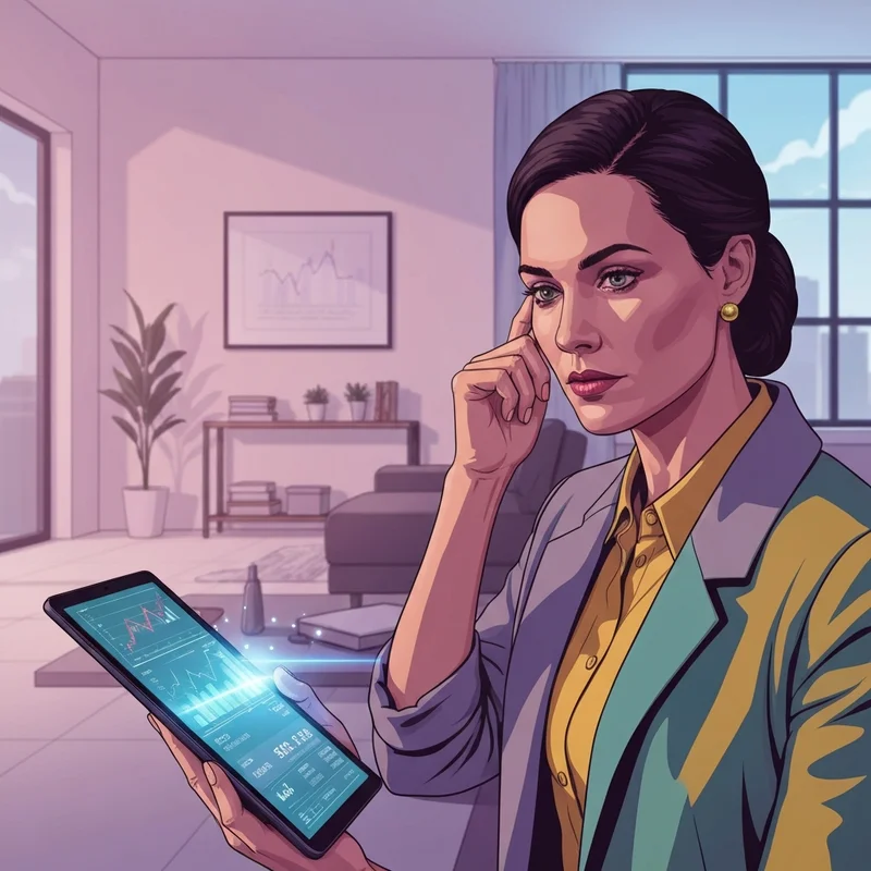 A young professional analyzing federal reserve interest rate cuts on a tablet in a sunny apartment.