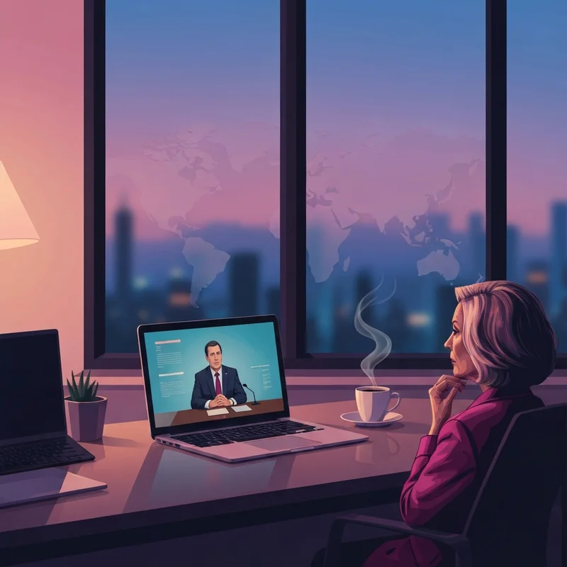 A person watching the Marco Rubio Venezuela testimony on a laptop in a modern home office.