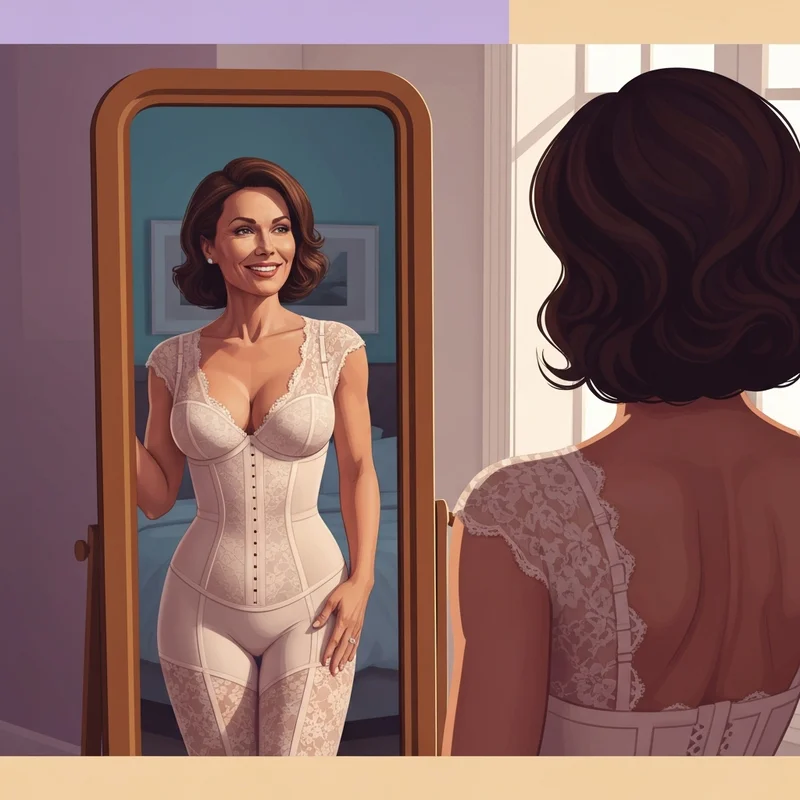 A confident woman admiring her silhouette in a mirror while wearing a perfectly fitted 44c bra.