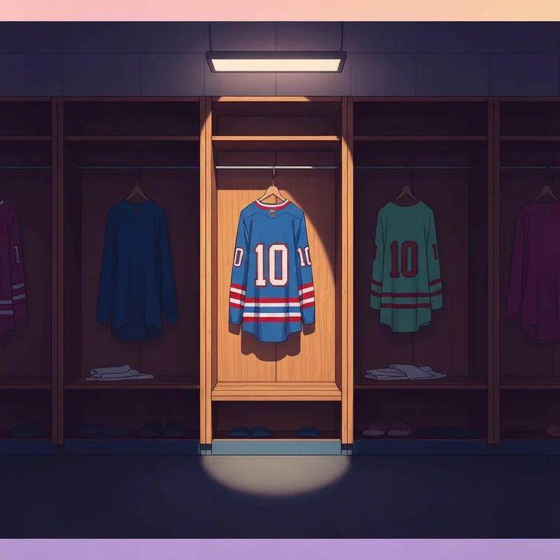 A hockey jersey in a locker room symbolizing the Artemi Panarin trade rumors.