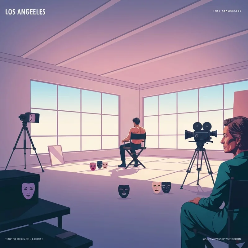 A cinematic representation of the Wonder Man cast and the satirical Hollywood setting of the series.