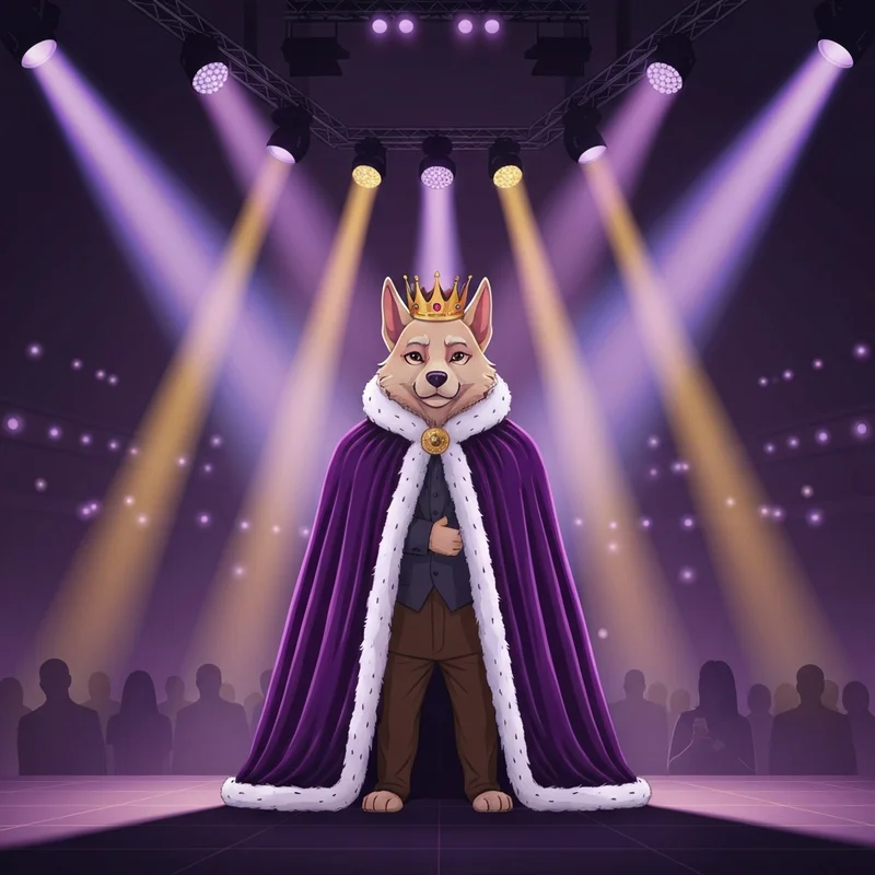 The queen corgi masked singer standing on stage in a regal costume under bright spotlights.