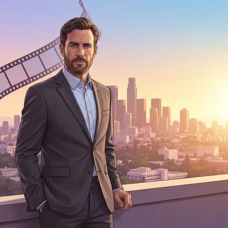 Spencer Pratt standing before the Los Angeles skyline representing his transition to a mayoral candidate.