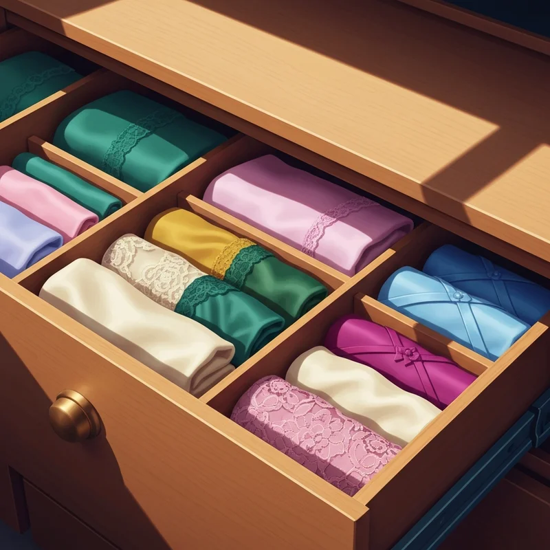 A collection of luxurious bra and underwear sets neatly organized in a wooden drawer.