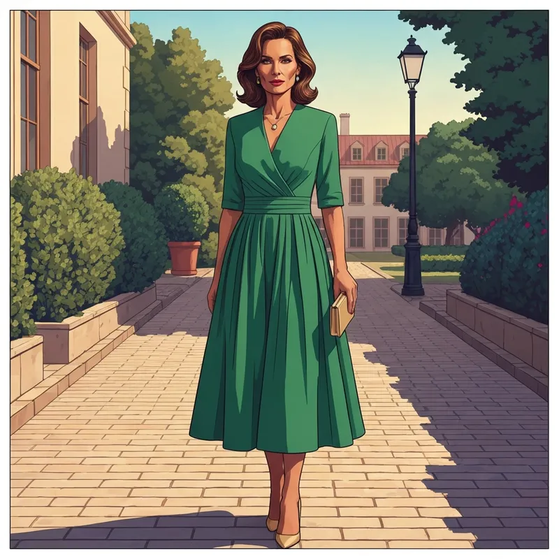 A woman wearing a stylish midi fit and flare wedding guest dress at a garden ceremony.