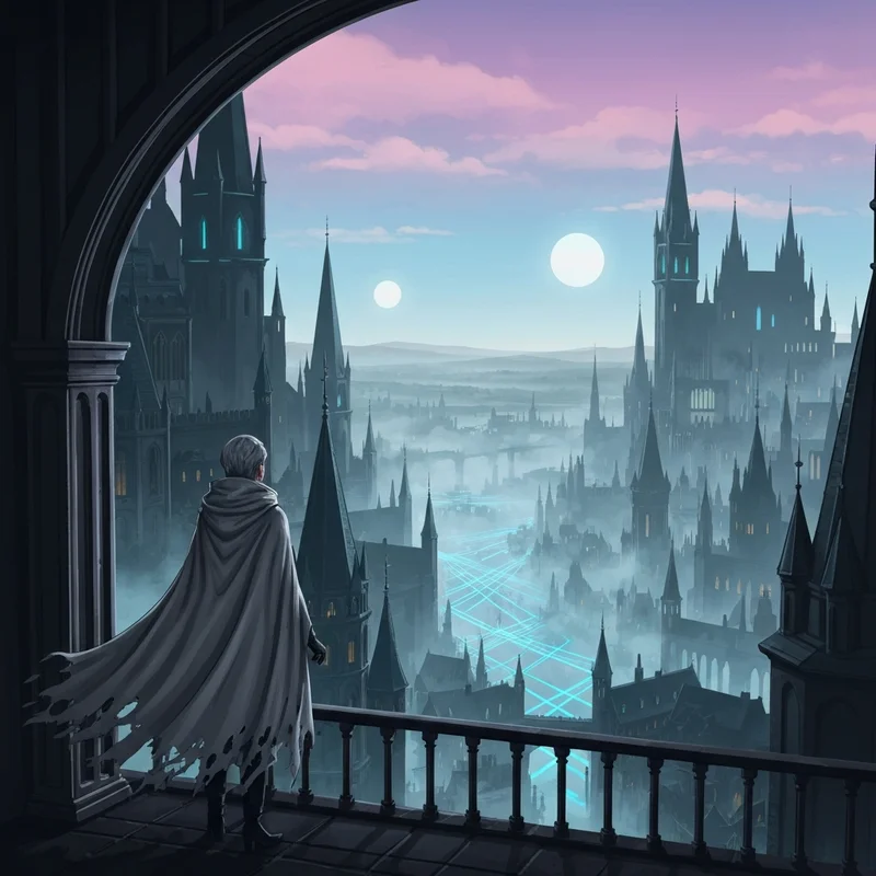 A cinematic illustration of a misty fantasy city representing the world of Brandon Sanderson