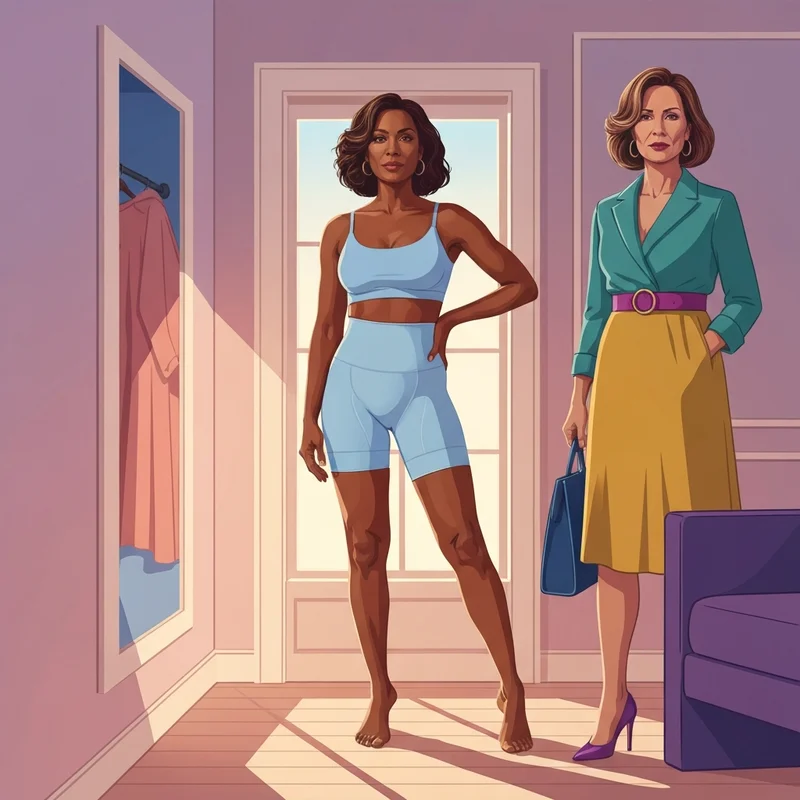 Woman wearing high-waisted shapewear for apron belly in a sunlit room.