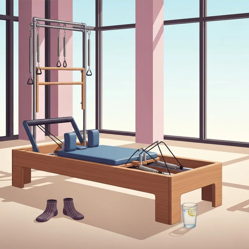 A high-end studio setting for a pilates reformer workout with sunlight and minimalist decor.