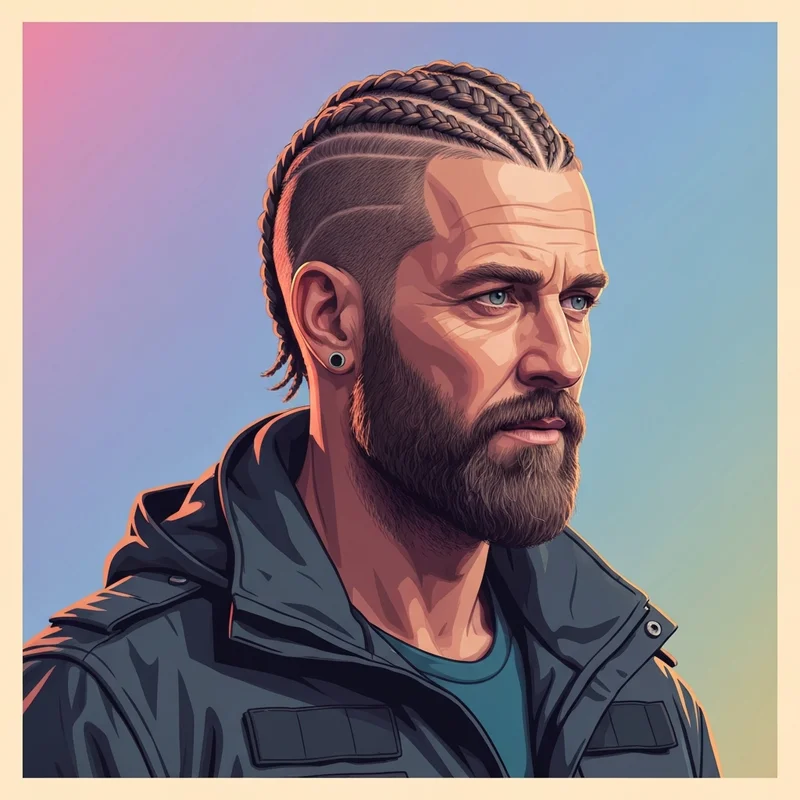A modern viking braid man with a sharp undercut and groomed beard looking confident in urban lighting.