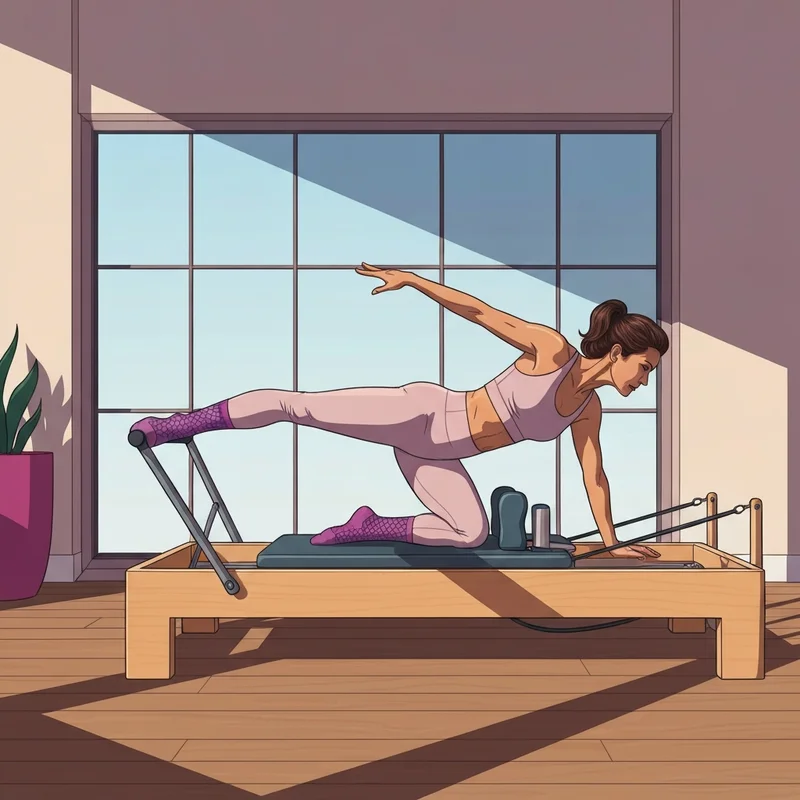 A woman performing a reformer exercise wearing pilates honey socks for maximum stability and style.