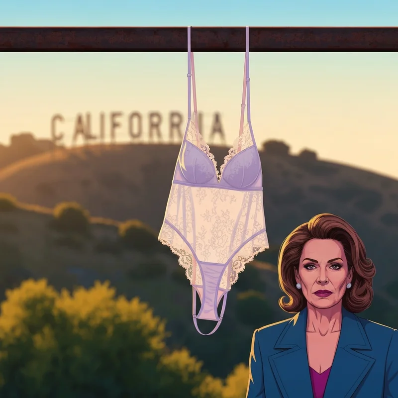 A close up of the controversial sue bra draped over a structure at the Hollywood sign during sunset.