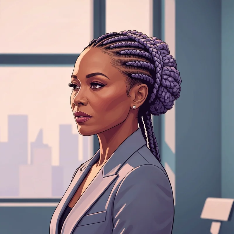 A professional woman showcasing elegant braid and twist styles in a modern office setting.