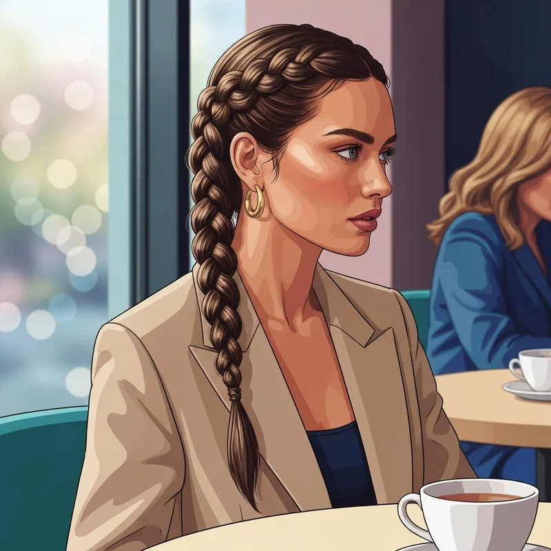 A stylish young woman showcasing one braid hairstyles with a sleek Dutch braid and gold accessories.