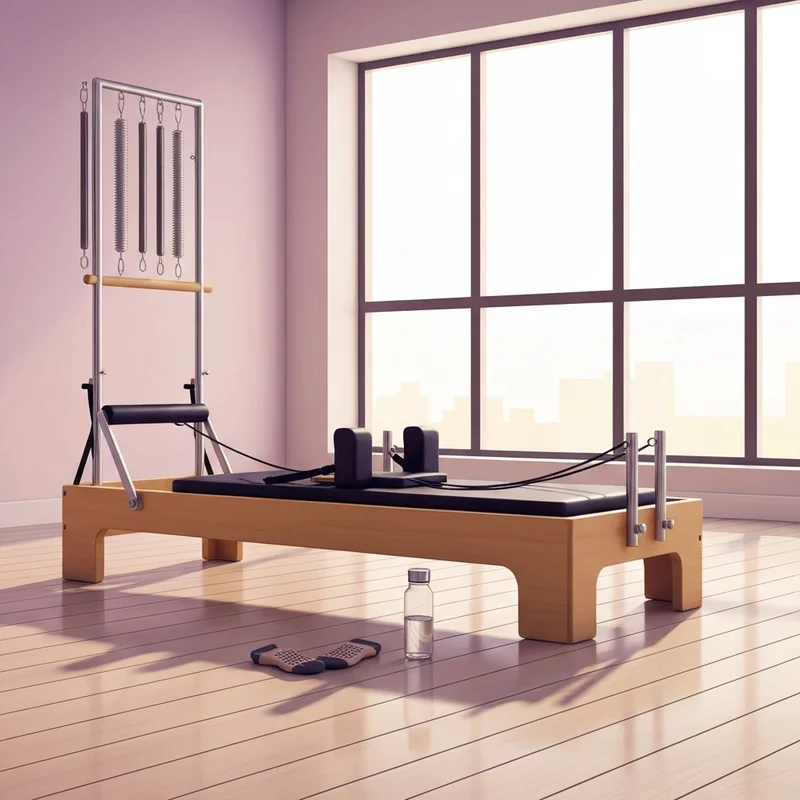 A high-end wooden machine used for what is pilates reformer exercises in a bright, minimalist studio.