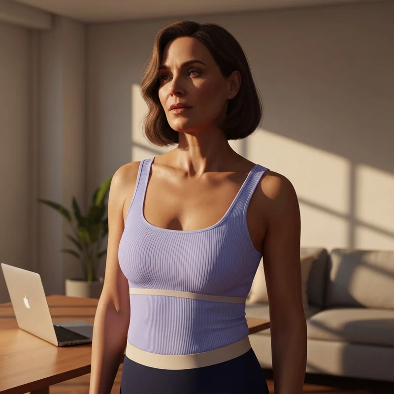 A woman wearing one of the most comfortable shelf bra tank tops in a minimalist setting.