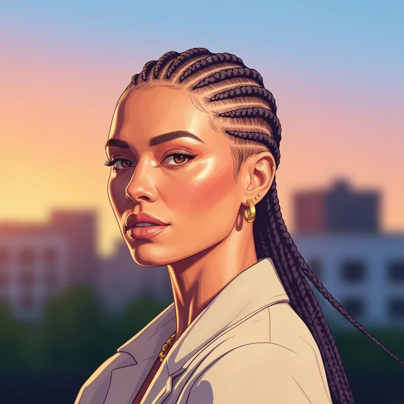 A woman showcasing intricate braid hairstyles on the side with a sharp, professional finish.