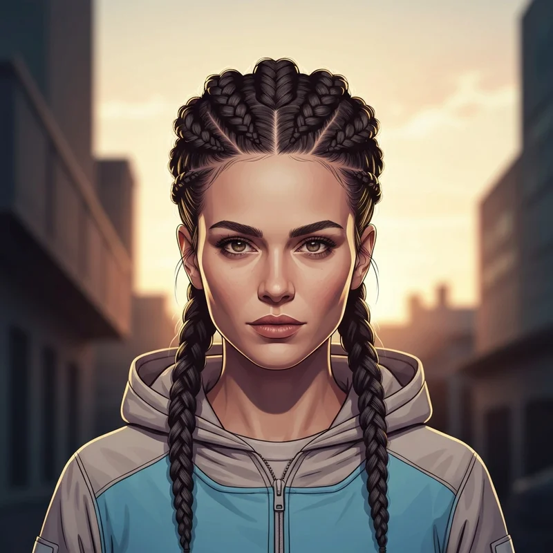 A young woman wearing a fierce warrior braid looking confident and powerful.