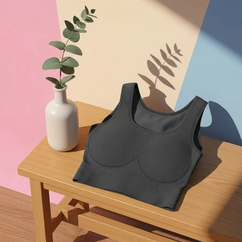 A premium charcoal grey core bra styled in a minimalist setting for a clean girl aesthetic.