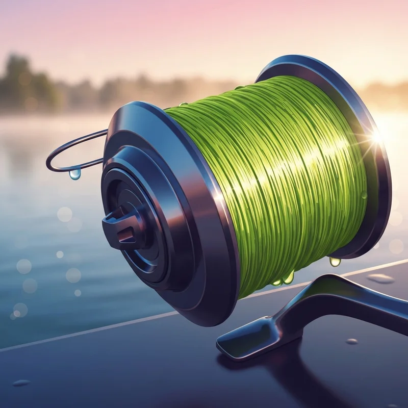 Close-up of a professional fishing reel spooled with high-vis green braid line on a morning lake.