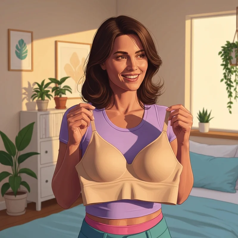 A woman holding a comfortable and affordable no boundaries bra in a bright aesthetic bedroom.