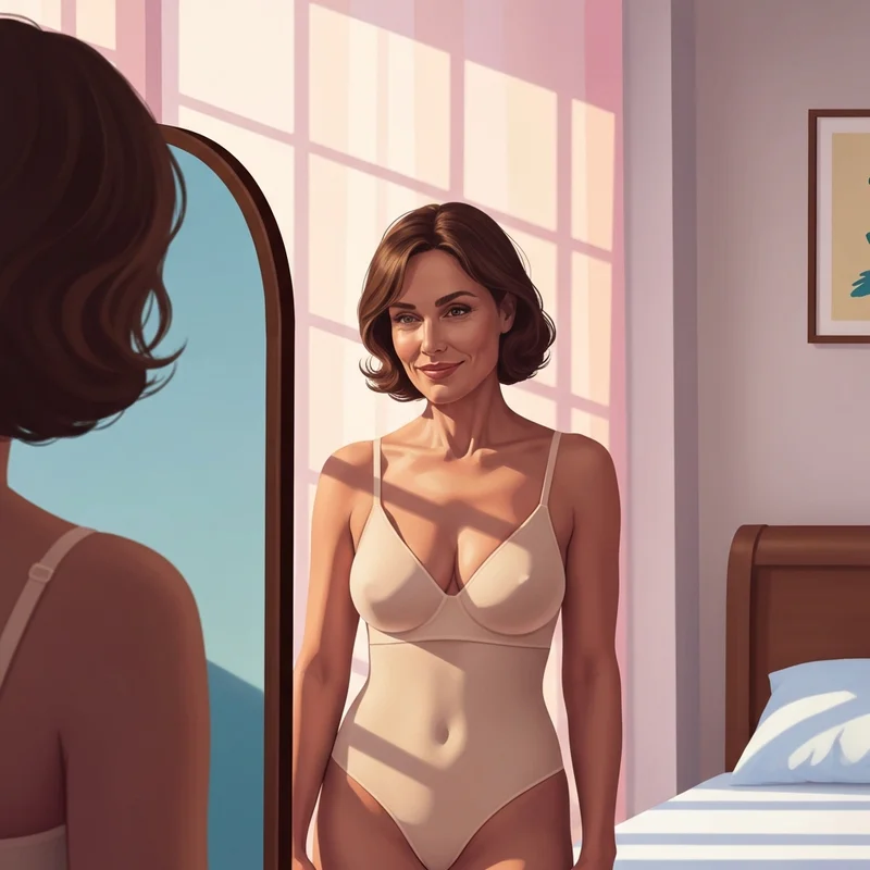 A woman practicing how to put on a bra with confidence and ease in a sunlit bedroom.