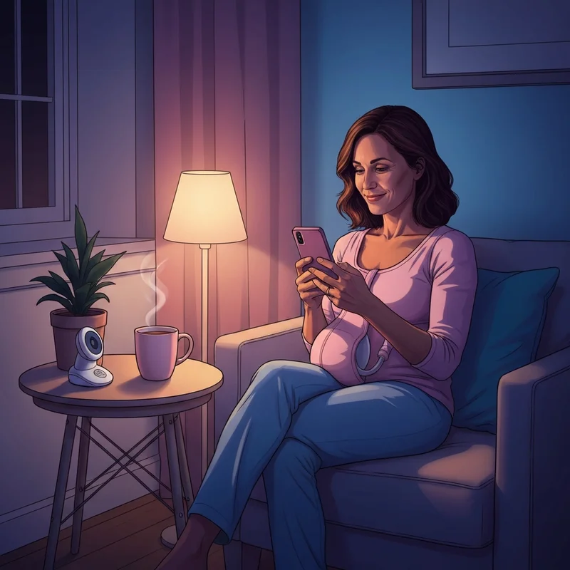 A mother using a simple wishes pumping bra to stay hands-free during a late-night session.